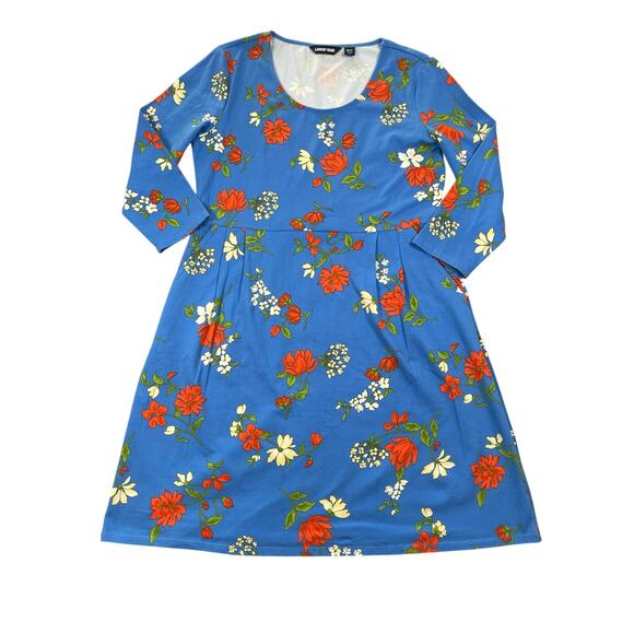 Lands End Dress Womens PM 10-12 Blue Floral Print 3/4 Sleeve Cotton Stretch - Picture 5 of 16